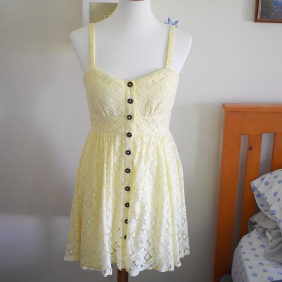 Yellow Lace Button Down Mini Dress - Picture 1 of 5